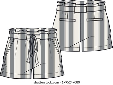 Shorts Fashion Flat Template Sketch Vector with Stripe Print