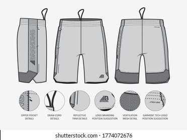 Shorts garment flats for fashion illustration with suggestive trims and branding
