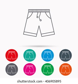Shorts icon. Casual clothes shopping sign. Linear icons in circles on white background.