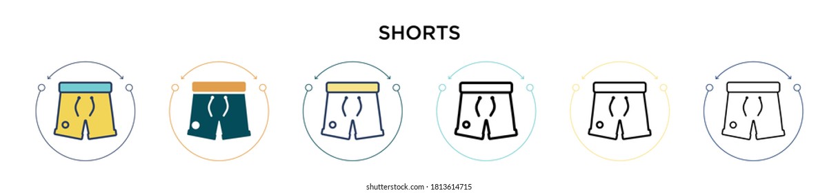 Shorts icon in filled, thin line, outline and stroke style. Vector illustration of two colored and black shorts vector icons designs can be used for mobile, ui, web