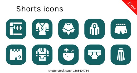 shorts icon set. 10 filled shorts icons.  Simple modern icons about  - Punching bag, Clothes, Poncho, Hoodie, Shorts, Tunic, Coconut water, Underwear, Skirt