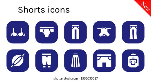 shorts icon set. 10 filled shorts icons.  Collection Of - Brassiere, Underwear, Jeans, Clothes, Punching bag, Pants, Skirt, Shorts, Boxer icons