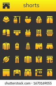 shorts icon set. 26 filled shorts icons.  Simple modern icons such as: Poncho, Shorts, Punching bag, Coconut water, Hoodie, Short, Scarf, Underwear, Clothes, Cardigan, Skirt, Jeans