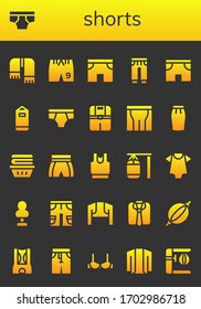 shorts icon set. 26 filled shorts icons. Included Scarf, Underwear, Shorts, Sweatpants, Punching bag, Clothes, Pants, Skirt, Baby clothes, Bolero, Brassiere, Cardigan icons