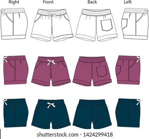 SHORTS FOR LADY STYLE SPORTS VECTOR TEMPLATE FRONT BACK RIGHT LEFT VIEW