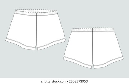 Shorts pant technical drawing fashion flat sketch template front and back views. Apparel jogger shorts vector illustration mockup for kids and boys