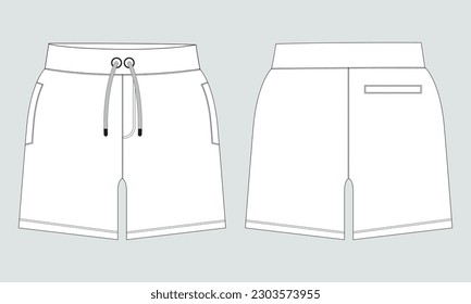 Pantallas planas de esbozo planas de diseño de dibujo técnico de corto corto y retrospectiva. Pantalón de los pantalones cortos de correr de los niños y los niños