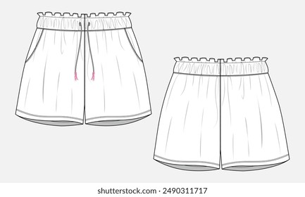 Shorts pant technical drawing fashion flat sketch vector illustration template for kids.