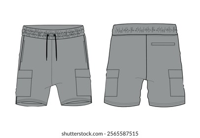 Shorts pant technical drawing fashion flat sketch template front and back views. Apparel jogger shorts vector illustration mock up for kids and boys
