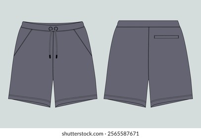Shorts pant technical drawing fashion flat sketch template front and back views. Apparel jogger shorts vector illustration mock up for kids and boys
