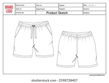 Shorts pant technical drawing template with tech pack details	