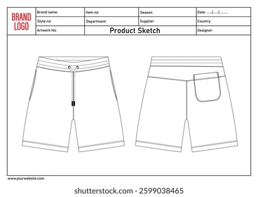 Shorts pant technical drawing template with tech pack details	