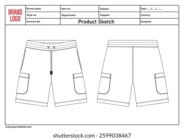 Shorts pant technical drawing template with tech pack details	