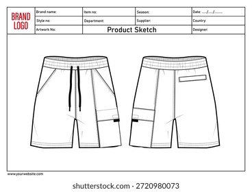 Shorts pant technical drawing template with tech pack details	