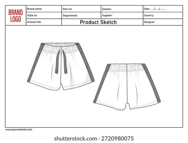 Shorts pant technical drawing template with tech pack details	