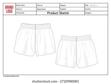 Shorts pant technical drawing template with tech pack details	