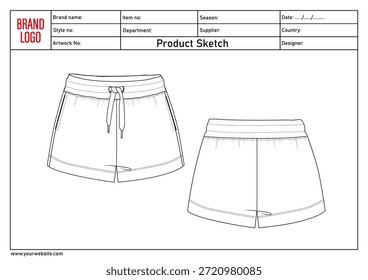 Shorts pant technical drawing template with tech pack details	