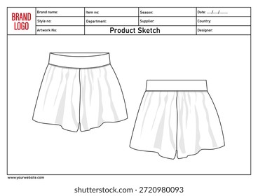 Shorts pant technical drawing template with tech pack details	