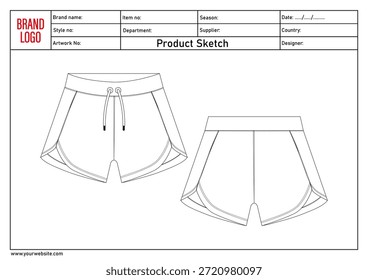 Shorts pant technical drawing template with tech pack details	