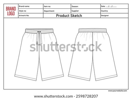 Shorts pant technical drawing template with tech pack details	