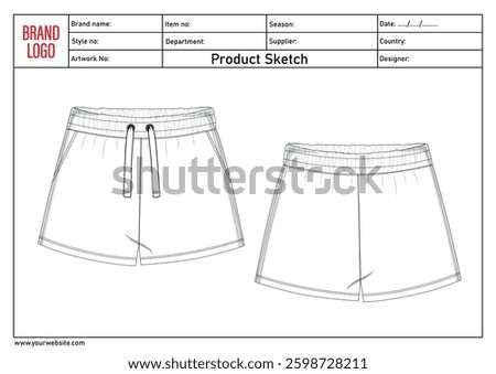 Shorts pant technical drawing template with tech pack details	