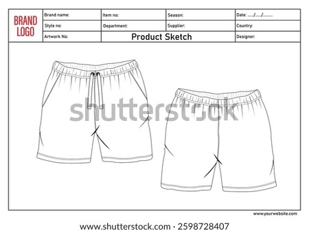 Shorts pant technical drawing template with tech pack details	