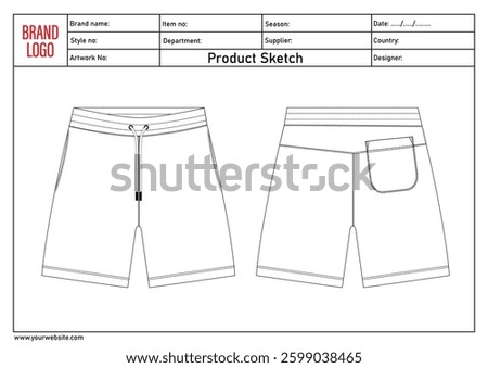 Shorts pant technical drawing template with tech pack details	