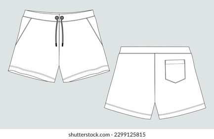 Shorts pant technical fashion flat sketch drawing vector illustration template for baby boys.