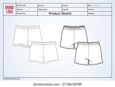 Shorts pant vector illustration template with tech pack details