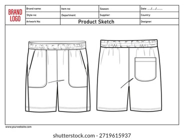 Versiones cortas Plantilla de Ilustración vectorial de pantalón delantero y trasero	