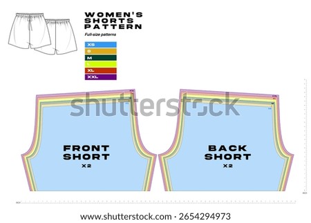 Women’s shorts sewing pattern, vector technical flat design with front and back pieces, full sizes XS to XXL. Ideal for fashion, casualwear, and loungewear projects