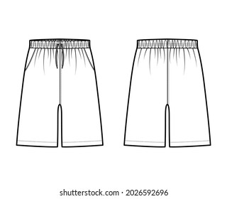 Shorts Sport training Bermuda Activewear technical fashion illustration with elastic low waist, rise, drawstrings, mid-thigh length. Flat bottom front, back, white color. Women men unisex CAD mockup