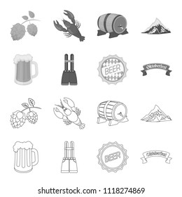 Shorts with suspenders, a glass of beer, a sign, an emblem. Oktoberfest set collection icons in outline,monochrome style vector symbol stock illustration web.