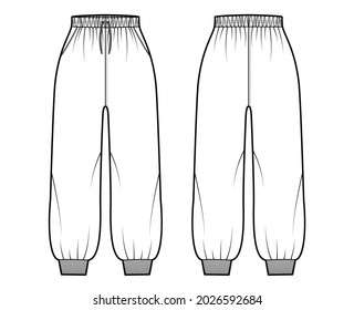 Shorts Sweatpants technical fashion illustration with elastic cuffs, normal waist, high rise, drawstrings, midi ankle length. Flat joggers trousers template front, back, white color. Women men mockup