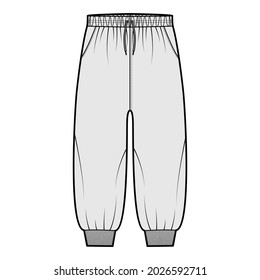 Shorts Sweatpants technical fashion illustration with elastic cuffs, low waist, rise, drawstrings, calf length. Flat joggers trousers apparel template front, grey color. Women men unisex CAD mockup