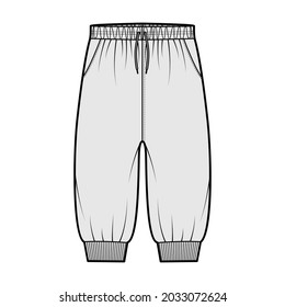 Shorts Sweatpants technical fashion illustration with elastic cuffs, low waist, rise, drawstrings, knee length. Flat joggers trousers apparel template front, grey color. Women men unisex CAD mockup