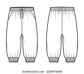 Shorts Sweatpants technical fashion illustration with elastic cuffs, low waist, rise, knee length. Flat training joggers trousers apparel template front, back, white color. Women men unisex CAD mockup
