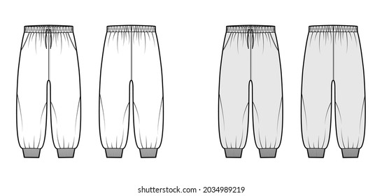 Shorts Sweatpants technical fashion illustration with low waist, drawstrings, calf length. Flat training joggers trousers apparel template front, back, white grey color. Women men unisex CAD mockup