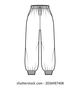 Shorts Sweatpants technical fashion illustration with elastic cuffs, normal waist, high rise, drawstrings, midi ankle length. Flat joggers trousers template front, white color. Women men unisex CAD
