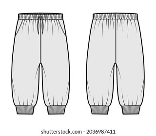 Shorts Sweatpants technical fashion illustration with elastic cuffs, low waist, rise, drawstrings, knee length. Flat training joggers trousers apparel template front, back grey color. Women men mockup