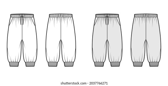 
Shorts Sweatpants technical fashion illustration with low waist, rise, drawstrings, knee length. Flat training joggers trousers apparel template front, back, white grey color. Women unisex CAD mockup