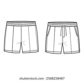 Shorts technical fashion illustration design. Short Pants fashion flat technical drawing template, elastic waist, front, back view, white, women, men, unisex CAD mockup set.