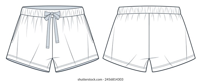 Shorts technical fashion illustration. Short Pants fashion flat technical drawing template, elastic waist, front and back view, white, women, men, unisex Sportswear CAD mockup.