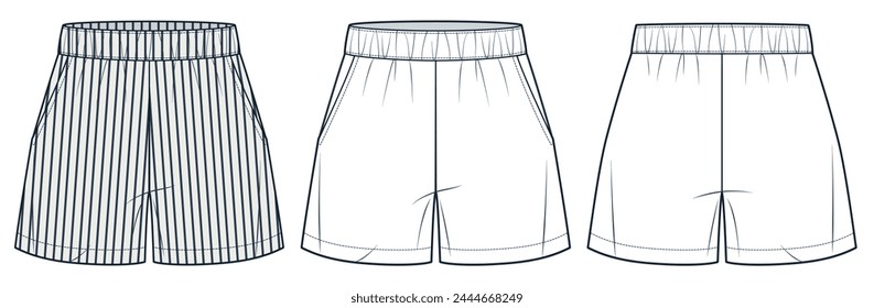 Shorts technical fashion illustration, striped design. Short Pants fashion flat technical drawing template, elastic waist, pockets, front and back view, white, women, men, unisex CAD mockup set.