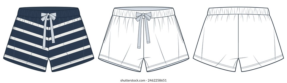 Ilustración técnica de la Versiones cortas, diseño de rayas. Pantalones cortos de moda plano técnico dibujo Plantilla, cintura elástica, frente, vista posterior, blanco, azul, mujeres, hombres, ropa deportiva unisex CAD conjunto de maquetas.