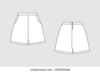 Shorts vector template isolated on a grey background. Female model. Front and back view. Outline fashion technical sketch of clothes model.