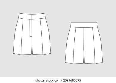 Shorts vector template isolated on a grey background. Female model. Front and back view. Outline fashion technical sketch of clothes model