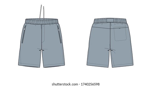 Shorts mit Reißverschlusstaschen, Flachskizze, Vorder- und Rückseite