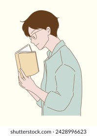 Shortsighted man wearing glasses, having difficulty to see text. Smart guy holding, reading book. Eyesight and vision bad problem health. Hand drawn flat cartoon character vector illustration.