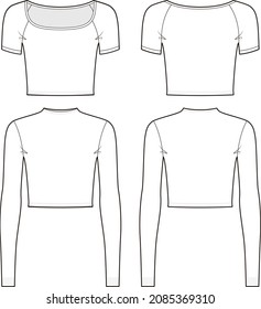 Short-sleeve and long sleeve crop top fashion vector sketch, Apparel template